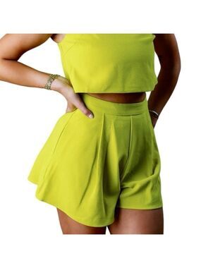 Miou Muse Textured Chiffon Flowy High Rise Pleated Lime Green Shorts